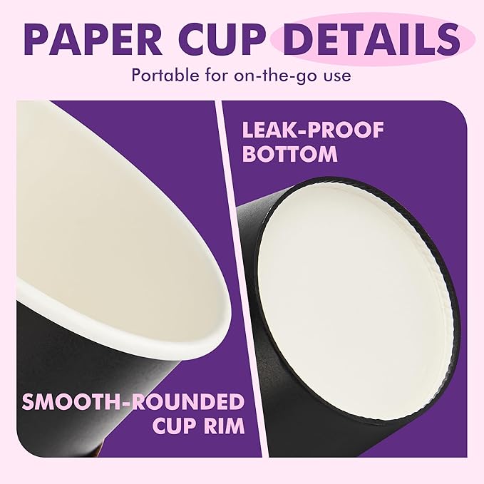 12 oz 50 Pack Black Disposable Paper Coffee Cups with Lids, Sleeves and Straws, Disposable Hot Cups for Coffee, Tea, Cocoa, Water