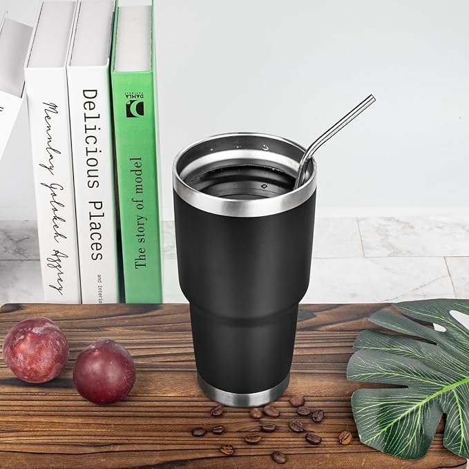 30 oz Tumbler with Lids and Straws Double Wall Vacuum Insulated Tumbler Cup,Stainless Steel Leak-proof Thermal Tumbler Powder Coated Travel Coffee Mug for Cold and Hot Drinks,Black