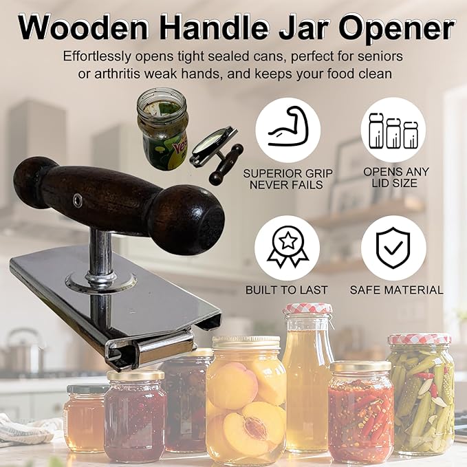 Aesthetic Oak Handle Effortless Jar Opener - Heavy-Duty 304 Stainless Steel Adjustable Cap Crack, Strong Grip for Senior & Weak Hand - Physical Leverage Manual Lid Remover Kitchen Aid Tool