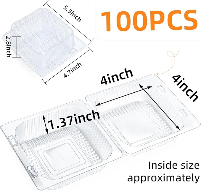 100 Count Clear Plastic Containers with Lids for Food, Thickened Disposable Sandwich Containers Clamshell Boxes for Cake Slice, Dessert, Hamburger, Salad, Pastry, Fruits, Takeout Tray