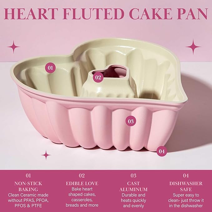 Paris Hilton Heart Shaped Fluted Cake Pan, Cast Aluminum with Clean Ceramic Nonstick Bakeware, Dishwasher Safe, Made without PFAS, PFOA, PFOS & PFTE, 9-Inch, Pink