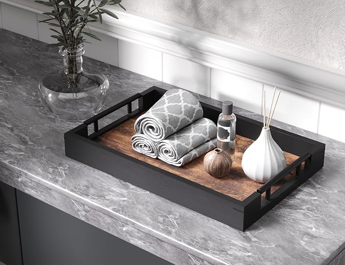 Wooden Serving Tray with Metal Handles,15x9.8in Ottoman Decorative Trays Platter for Coffee Table,Living Room,Bar,Party,Medium