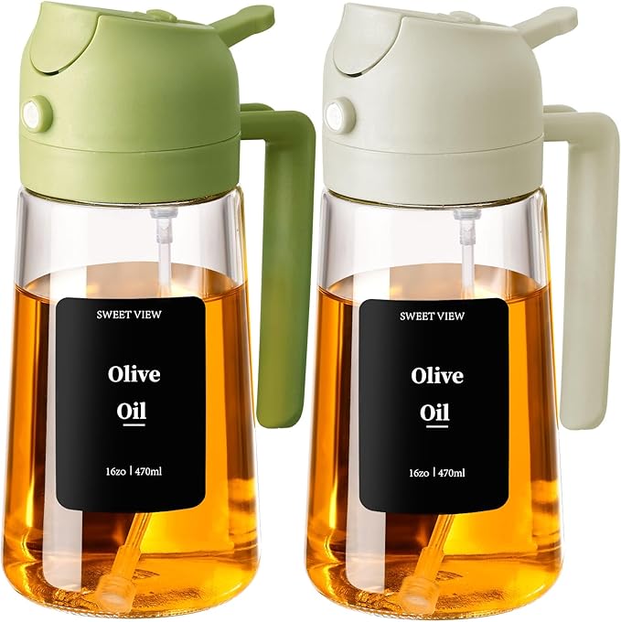 2PCS Oil Sprayer for Cooking, 16oz/470ml Glass Oil Dispenser/Pour Bottle, Kitchen Accessories, Kitchen Gadgets for Air Fryer, Salad, BBQ, with Stickers (Green,White)