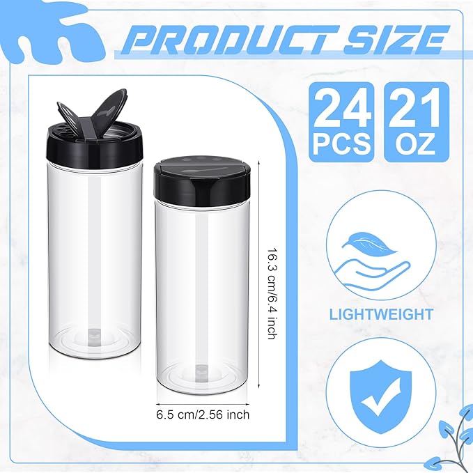 Zhehao 24 Pieces Plastic Spice Containers Plastic Spice Bottles Clear Reusable Large Empty Seasoning Jars with Shaker Lids for Kitchen Storage Seasoning Powder Herbs(21 oz,Cylinder,Clear and Black)