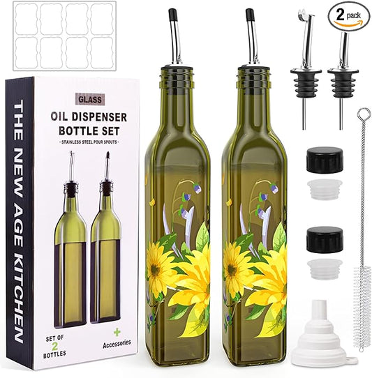 COOLMI Oil and Vinegar Dispenser Set - 17oz/500ML Premium Glass Olive Oil Dispenser Bottles for Kitchen, Oil Dispenser for Kitchen (Yellow Daisy)