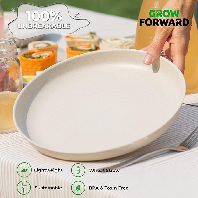 Grow Forward Premium Wheat Straw Plates - 10 Inch Reusable Hard Plastic Dinner Plates Set of 8 - Unbreakable & Microwave Safe Dishes for Dessert, Camping, RV, Outdoors, Patio, Kitchen - Sahara