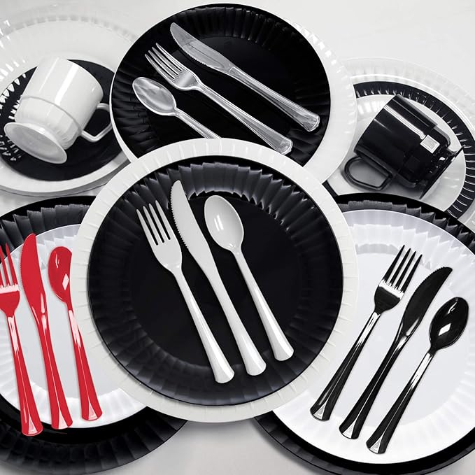 Party Essentials Extra Heavy Duty Hard Plastic Cutlery Combo Pack and Full Size Knives/Forks/Spoons, Black, 8 Place Setting-Count
