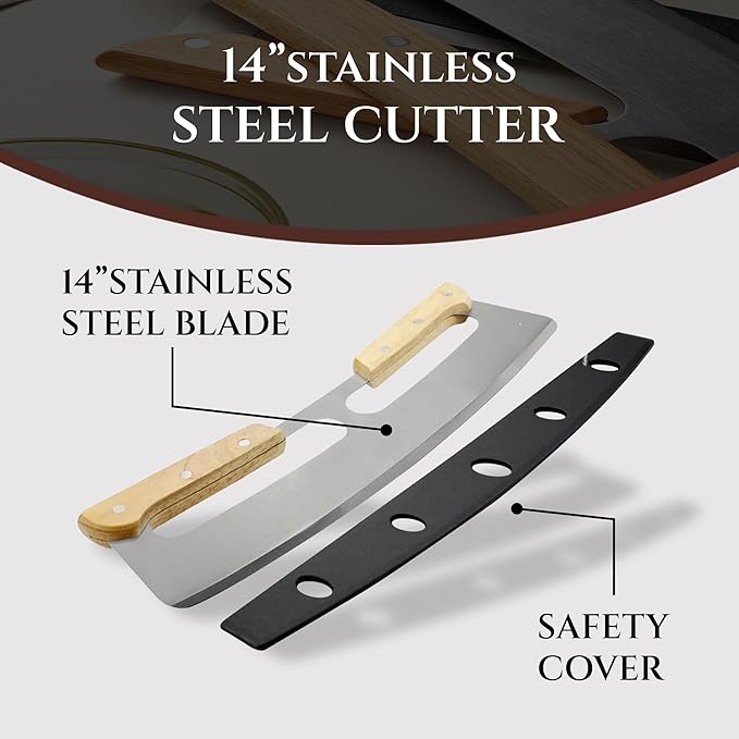 14" Dual-Grip Pizza Cutter Rocker Board Set | Bamboo Pizza Cutting Board with Pizza Rocker Knife Slicer | Pizza Serving Board | Pizza Cutter Rocker Blade | Best Pizza Accessories Gift Set