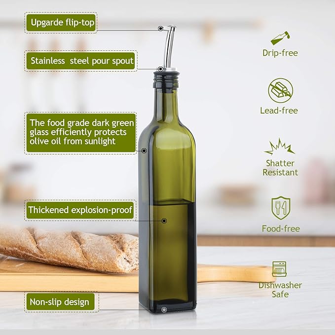 AOZITA [2 PACK 17 oz Glass Olive Oil Dispenser Bottle Set - 500ml Dark Green Oil & Vinegar Cruet Bottle with Pourers, Funnel and Labels - Olive Oil Carafe Decanter for Kitchen