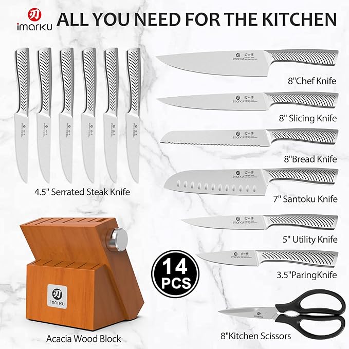 imarku Knife Set, 14 Piece Premium Kitchen Knife Block Set, Razor Sharp Japanese Chef Knives Set for Kitchen with Built-in Sharpener, Dishwasher Safe & Quality Acacia Wood Block, Gift for Women