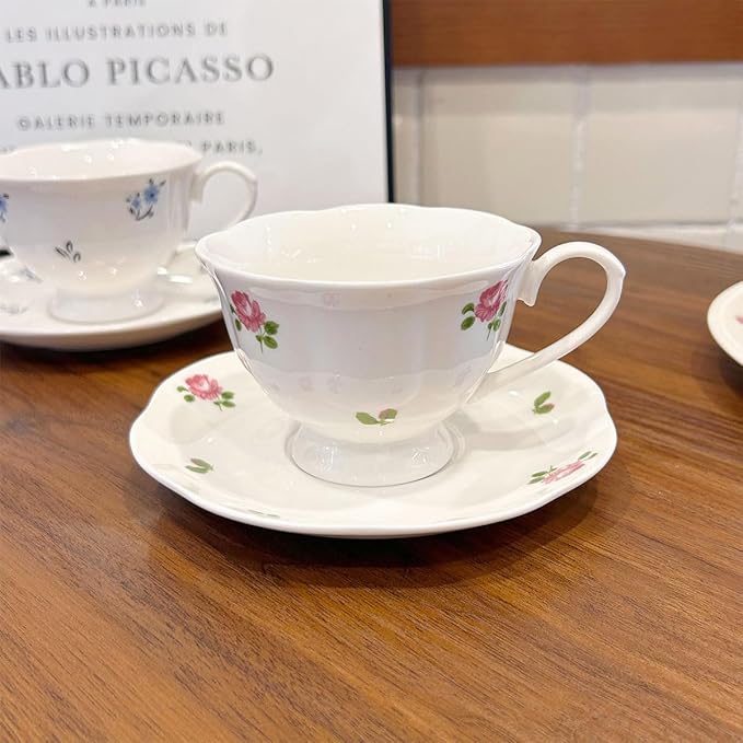 Tea Cup and Saucer Set with Blue Flowers，6.76 oz Ceramic Coffee Cup，Latte Mug for Mother's Day Gifts (pink)