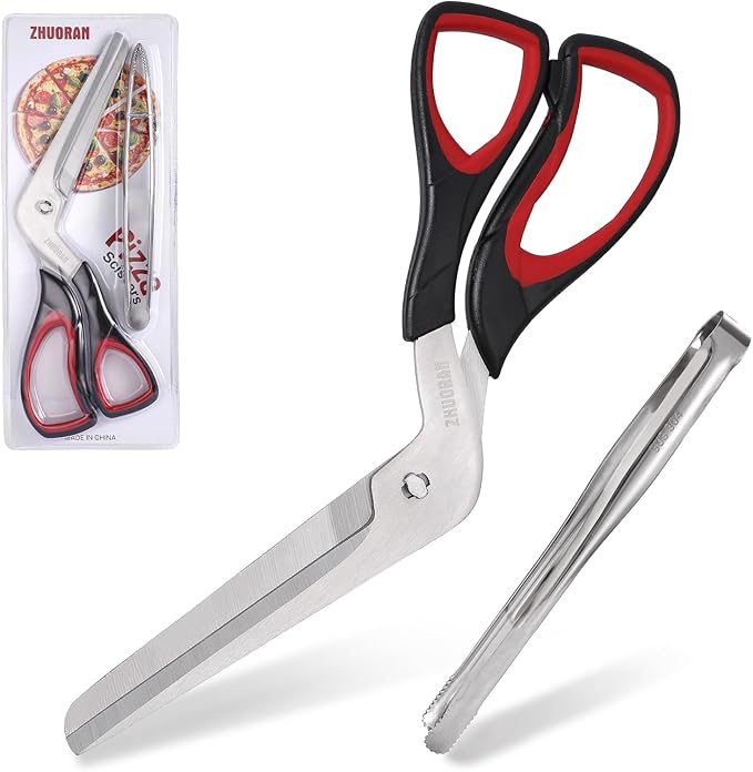 Pizza Scissors, Pizza Cutter with Shovel, Food-Grade Sharp Stainless Steel Blade and Soft Grip Handle, Multifunctional Kitchen Scissors, 27cm (red)