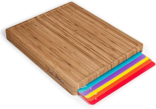 Cooler Kitchen Bamboo Wood Cutting Board Set with 6 Color Coded Flexible Plastic Chopping Mats with Food Icons, Wooden Cutting Boards for Kitchen, Wooden Chopping Board Non Toxic Dishwasher Safe
