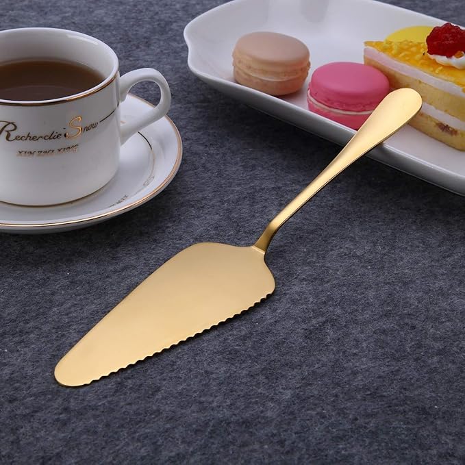 6-Piece Gold Serving Flatware Set - Stainless Steel Utensil Set, Includes Cake Server, Slotted Spoon, Serving Spoon, Meat Fork, Butter Knife, Soup Ladle