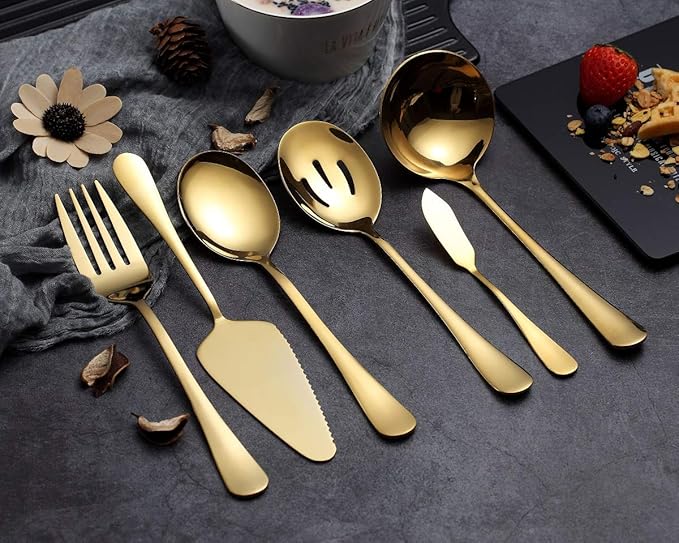 6-Piece Gold Serving Flatware Set - Stainless Steel Utensil Set, Includes Cake Server, Slotted Spoon, Serving Spoon, Meat Fork, Butter Knife, Soup Ladle