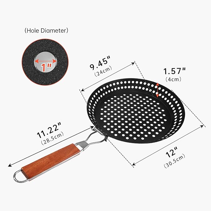 Grilling Skillet with Foldable Handle, 12" Grill Pan for Outdoor Grill, Non-Stick Grill Basket for Pizza BBQ Fry Vegetables Seafood Chapati