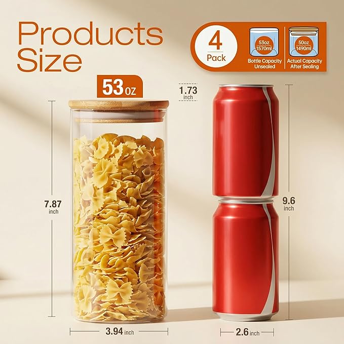 Glass Jars with Bamboo Lids 53 FL OZ [Set of 4], Glass Canisters with Airtight Lids, Glass Food Storage Containers for Pasta, Oats, Coffee, Flour, Sugar, Rice, Best for Kitchen & Pantry