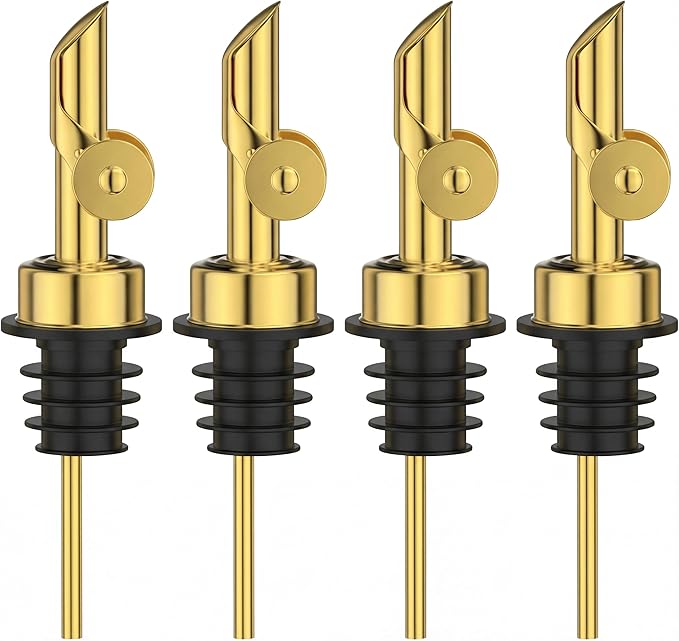 Auto Flip Liquor Pour Spouts 4-Pack, Leak-Proof 304 Stainless Steel Wine Pourer & Olive Oil Dispenser with Food-Grade Silicone for Kitchen, Bar, Restaurant (Gold)