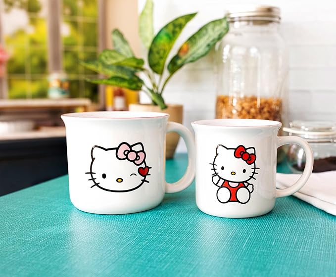 Toynk Sanrio Hello Kitty Ceramic Camper Mugs, Set of 2 | BPA-Free Travel Coffee Cup For Espresso, Caffeine, Cocoa, Drink Beverages | Home & Kitchen Essentials | Kawaii Cute Gifts and Collectibles