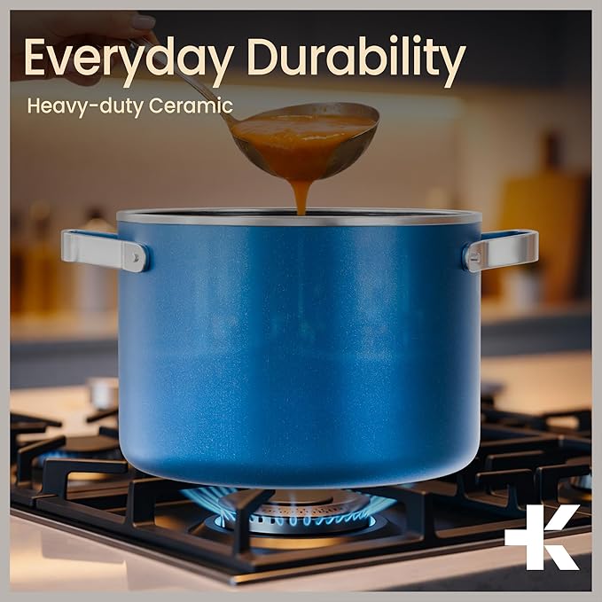 Bakken 5 Quart Ceramic Coated Stock Pot with Lid, Easy to Clean Nonstick Pot, Tempered Glass Lid, Riveted Stainless Steel Handles, Oven Safe Up To 500°F, PTFE & PFAS Free, All Stove Compatible, Blue