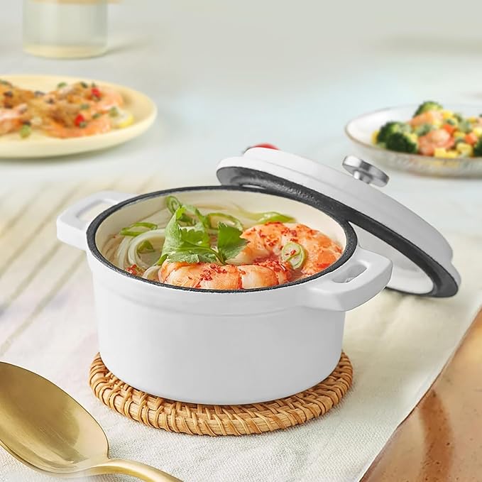 Mini Cocotte 8 oz Mini Dutch Oven 0.25 qt. Cast Iron Garlic Roaster for Oven Garlic Confit Pot Ramekins with Lids Oven Safe Set of 2, White