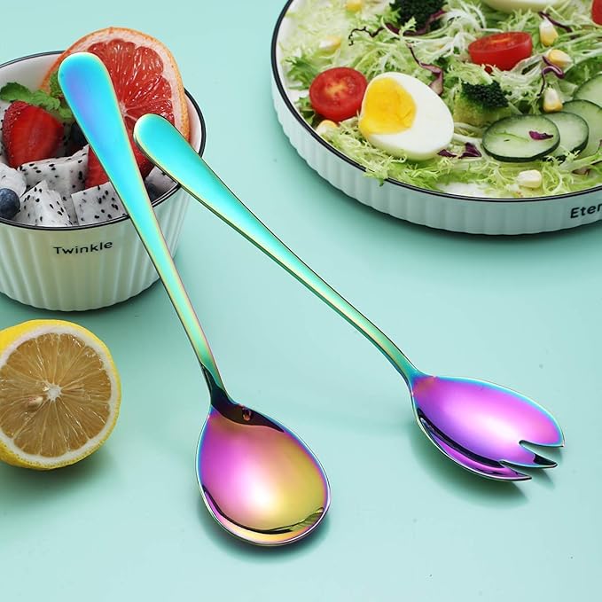 Rainbow Salad Server Set, Berglander Stainless Steel Salad Serving Set With Titanium Colorful Plating, Salad Servers, Salad Spoon, Salad Fork, Pack of 2 (Shiny Rainbow)
