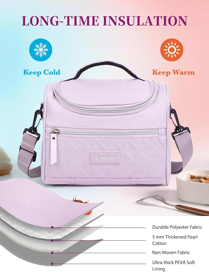 Lunch Bag for Women Insulated Lunch Box Reusable Adult Lunch Cooler Bag with Front Pocket & Adjustable Shoulder Strap, Leakproof Large Lunch Tote Bag for Work Office Travel Picnic, Purple