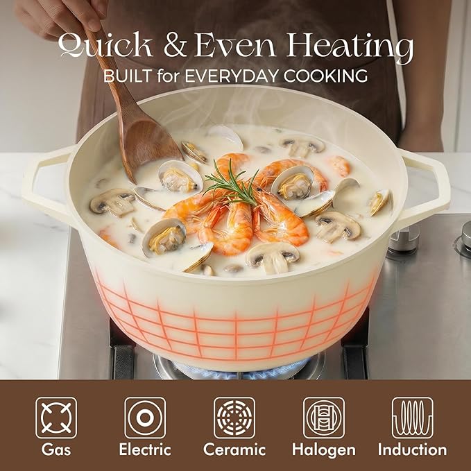 PRICUSIS Ceramic Nonstick Stock Pot with Silicone Rim Glass Lid, 4.5/7 QT Soup Pot Casserole, Cooking Pot, Induction Compatible, Dishwasher & Oven Safe, Ideal for Pasta, Bake & Stews, Coconut White