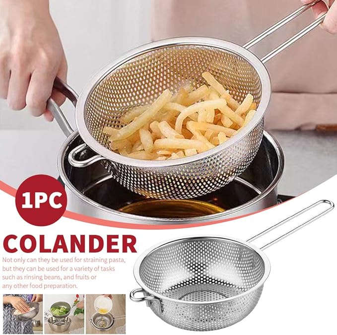 Stainless Steel Colander Fine Mesh Colander with Long Handle, Kitchen Metal Food Strainers with Resting Feet for Strain, Rinse, Fry, Steam or Cook Vegetables & Pasta & Wash fruits(COLOR:silver)