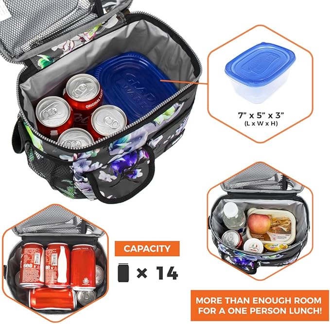 opux Insulated Lunch Bag for Men Women, Leakproof Floral Grey Lunch Box for Work, Portable Soft Lunch Cooler Bag with Shoulder Strap, Adult Lunchbox Lunch Pail for Kid Boy Girl School, 14 Can/8L