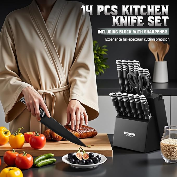 Huusk Knife Block Set with Sharpener - Black Kitchen Knives Set with Wooden Knife Block - Ideal Housewarming Gifts for New Home - Chef Knife Set with Kitchen Shears - Christmas Gift for Men and Women