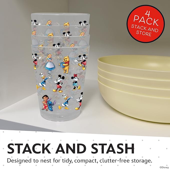 Disney Reusable Plastic Cups – 4 Pack 16 oz Plastic Drinking Glasses with Mickey, Stitch, Pooh, or Disney100 Designs – BPA-Free, Stackable, Top Rack Dishwasher Safe Tumblers for Water, Juice & More