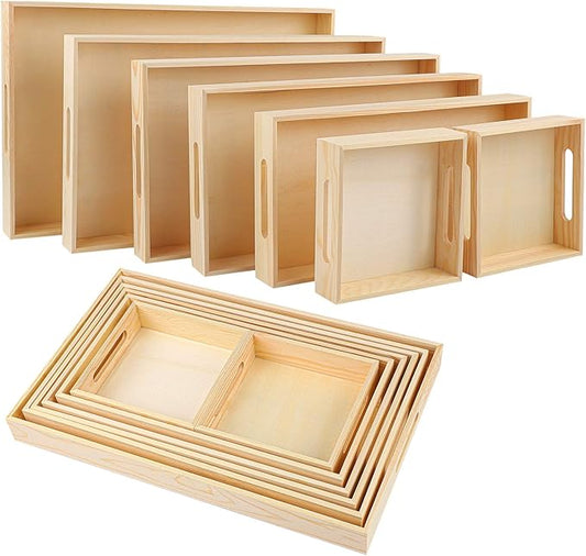 Aodaer 7 Pieces Wooden Trays, Wooden Nested Serving Trays, Rectangular Shape Serving Tray with Handles for Kitchen Party Dinner Snacks
