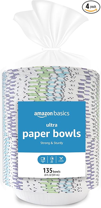 Amazon Basics Ultra Disposable Paper Bowls, 20 Oz, Microwave Safe, Soak Proof, Strong & Sturdy, White, 540 Count (4 Packs of 135)
