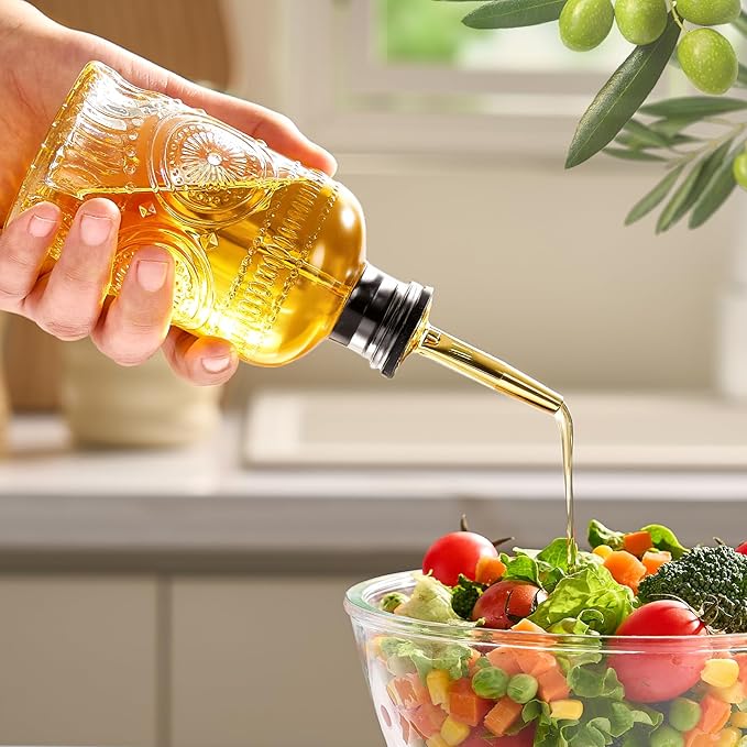 Glass Oil Bottles 7OZ, Olive Oil Dispenser Bottle for Kitchen with Metal Spout, Elegant Glass Cooking Dispenser for Kitchen