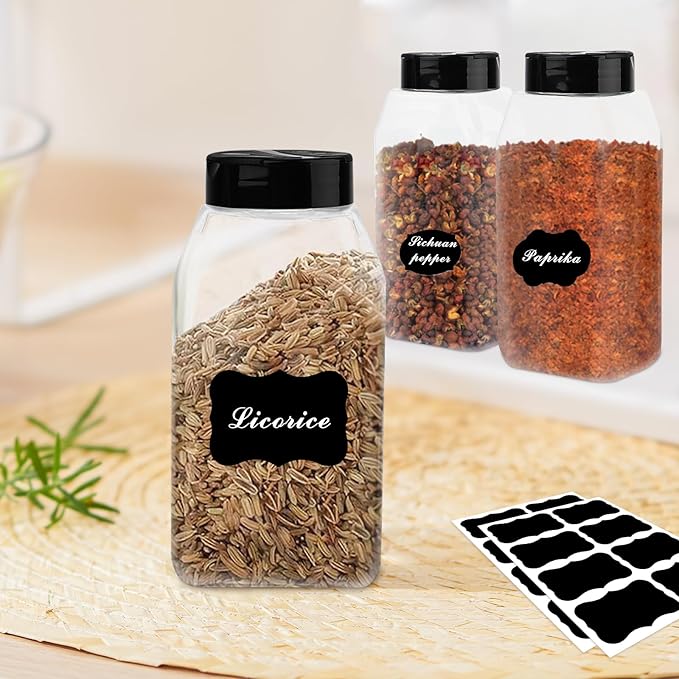 PineHaven 28 Pcs 16 oz Plastic Spice Jars with Black Cap,Square Plastic Bottle Containers with Lid and Stickers,Empty Seasoning Bottles Large Clear Spice Shaker for Storage Spices, Coffee, Tea, Herbs