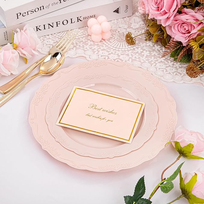 U-QE 100PCS Mauve Pink Plastic Plates for Party - Plastic Plates Disposable Heavy Duty - Pink Easter Plates for Party Including 50PCS 10.25'' &50PCS 7.5''