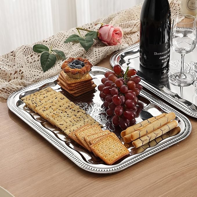 4-Pack 15.7" x 11.8" Silver Serving Trays for Party Set - Floral Engraved Serving Platters, Wedding Birthday Mirror Tray for Easter, Food, Appetizer, Charcuterie, Cookies, Desserts