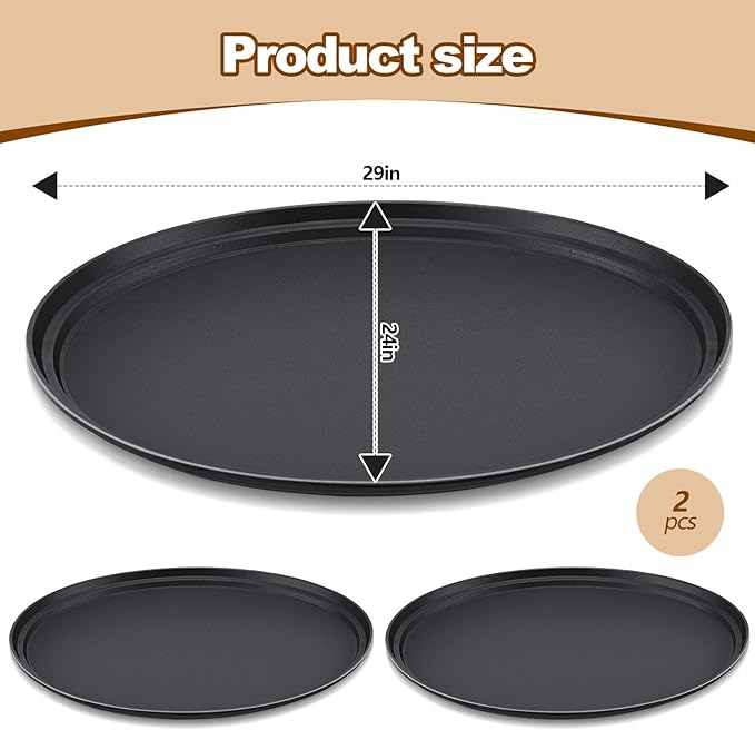2 Pcs Restaurant Serving Trays PP Plastic Non Slip Rubber Lined Large Oval Tray for Kitchen Dining Room Cafeterias Fast Food Service (24 x 29 Inch,Black)