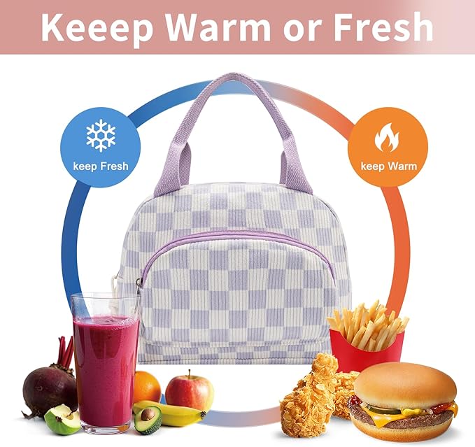 Lunch Bag Women Lunch Box for Women Adult Cute Insulated Lunch Bag Small Cooler Lunch Tote Bags for Work Picnic Travel(Beige-Purple Plaid)