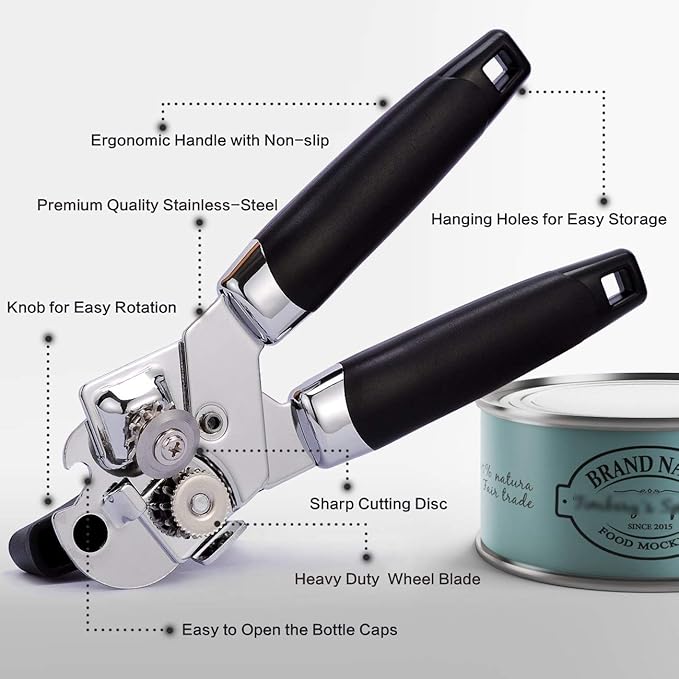 Can Opener, 3-In-1 Manual Can Openers, Cordless Tin Opener with Lids off Jar Opener and Bottle Opener in One, Smooth Edge and Heavy Duty Stainless Steel Sharp Blade