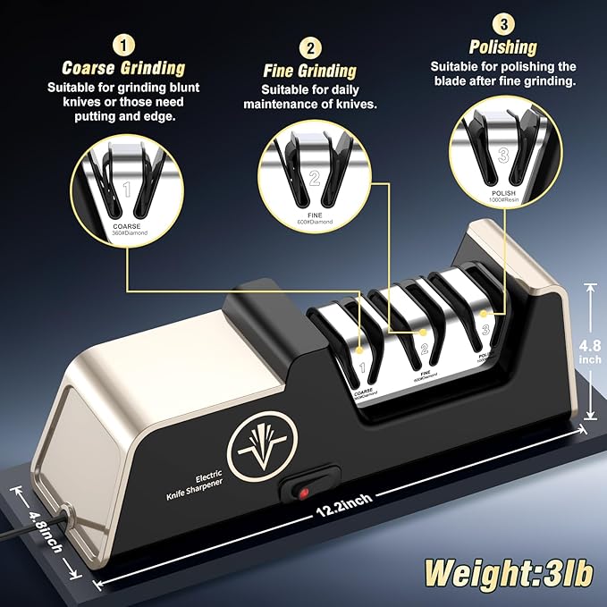 Professional Electric Knife Sharpener with 100% Diamond Abrasives, 3-Stage Precision Angle Guides, Champagne Gold, for Kitchen Straight Edge and Ceramic Knives