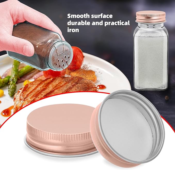 48 Pcs iron Jar Lids Lids for 4 oz and 6 oz Square Spice Jars Reusable Can Airtight Spice Storage Canning Lids for Nice Sealing Kitchen (Rose gold)
