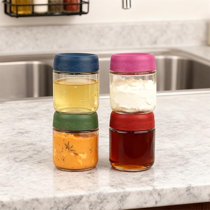 4oz 8Pack Glass Dressing Jars with Leakproof Lids, Containers for Sauce, Salad Dressing, Dips & Snacks – Reusable Glass Food Storage Cups for Lunch Box & Meal Prep(4oz-8Pack)