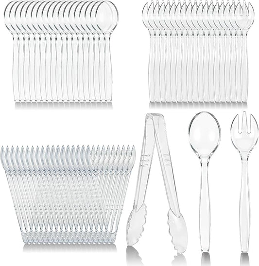 CXPSINC Disposable Plastic Serving Utensils Set 18-Piece, Including 6 Clear Plastic Serving Spoons, 6 Tongs & 6 Forks, Disposable Serving Utensils For Catering Buffets Events (Clear, 18pcs Utensils)