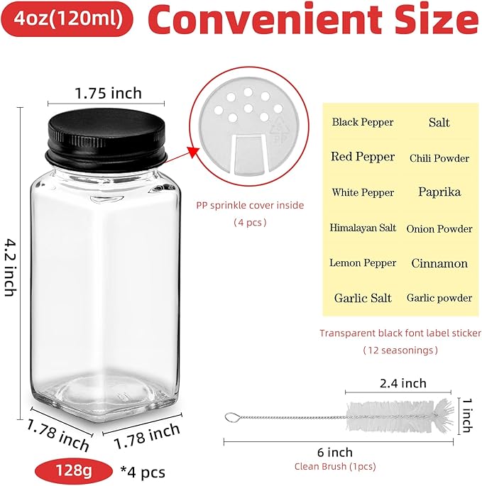 4Pcs 4 oz Square Glass Spice Jars with Label, Empty Containers with black iron Lids, Square Seasoning Containers Trial and Supplement Set, Small Seasoning Bottles for Salt, Herbs, Sugar, Pepper (4)
