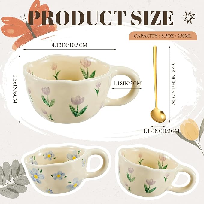 Vesici 2 Pcs Ceramic Coffee Mugs with Spoon, Vintage Floral Spring Mugs with Handle, 8.5 oz Aesthetic Flower Porcelain Tea Cup Set, Dishwasher & Microwave Safe for Home Office Gift(Vibrant)