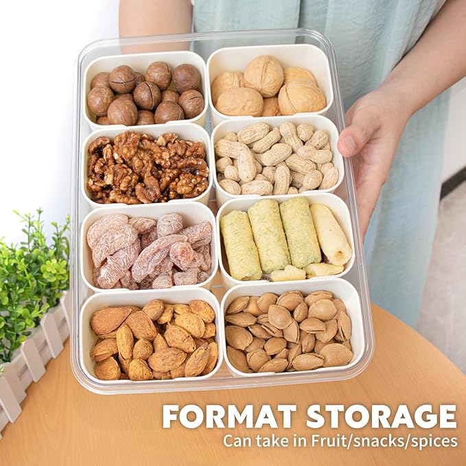Divided Serving Tray with Lid and Handle,8 Compartments Snacks Box,Snack Fruit and Veggie Tray,Portable Platter for Candy Fruits Nuts Snack Party Entertaining Picnic (1 PCS)