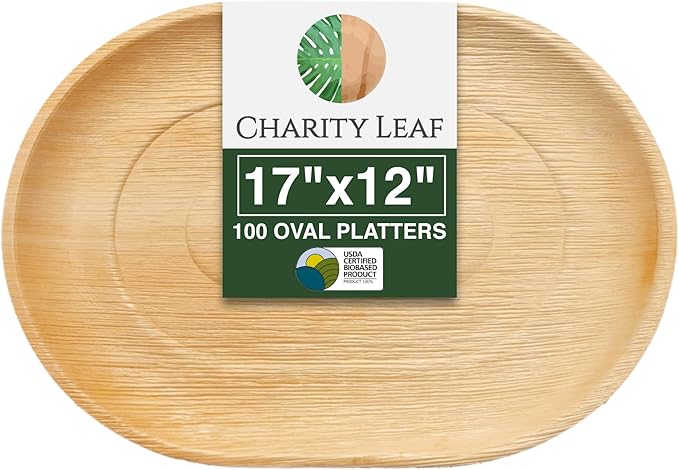 Charity Leaf Disposable Palm Leaf 17" x 12" Trays (100 pieces) Bamboo Like Serving Platters, Disposable Boards, Eco-Friendly Dinnerware For Weddings, Catering, Events