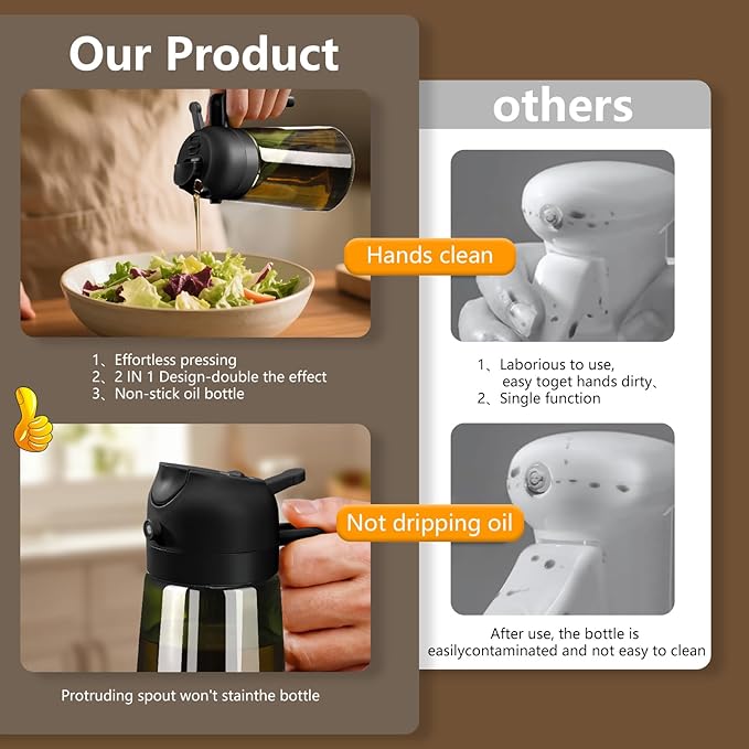 2PCS Olive Oil Dispenser and Oil Sprayer – 16oz/470ml Glass Light-Proof Oil Pourer for Kitchen Air Fryer, Cooking, Salad, and BBQ, with Stickers